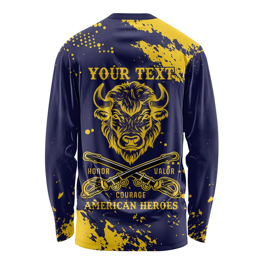Personalized Bison Buffalo Soldiers Long Sleeve Shirt American Heroes - Blue Grunge Style - Wonder Print Shop