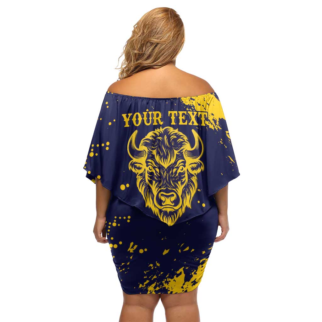 Personalized Bison Buffalo Soldiers Off Shoulder Short Dress American Heroes - Blue Grunge Style - Wonder Print Shop