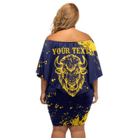 Personalized Bison Buffalo Soldiers Off Shoulder Short Dress American Heroes - Blue Grunge Style - Wonder Print Shop