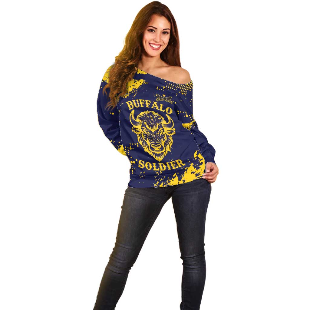 Personalized Bison Buffalo Soldiers Off Shoulder Sweater American Heroes - Blue Grunge Style - Wonder Print Shop
