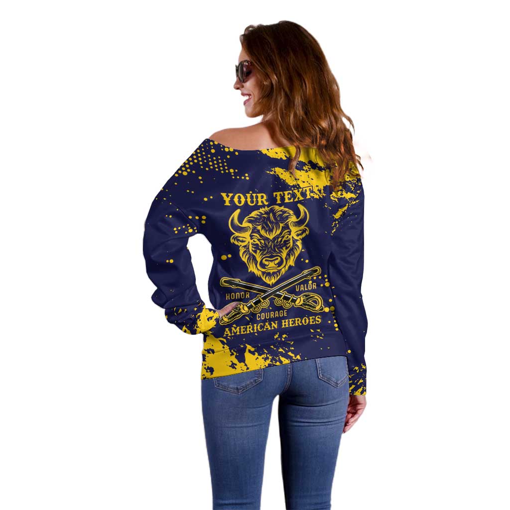 Personalized Bison Buffalo Soldiers Off Shoulder Sweater American Heroes - Blue Grunge Style - Wonder Print Shop