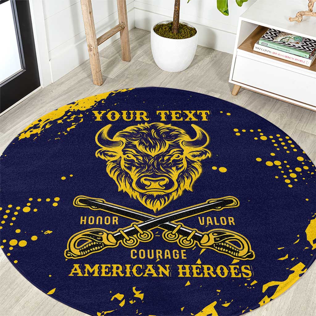 Personalized Bison Buffalo Soldiers Round Carpet American Heroes - Blue Grunge Style - Wonder Print Shop