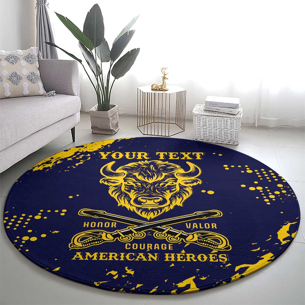 Personalized Bison Buffalo Soldiers Round Carpet American Heroes - Blue Grunge Style - Wonder Print Shop