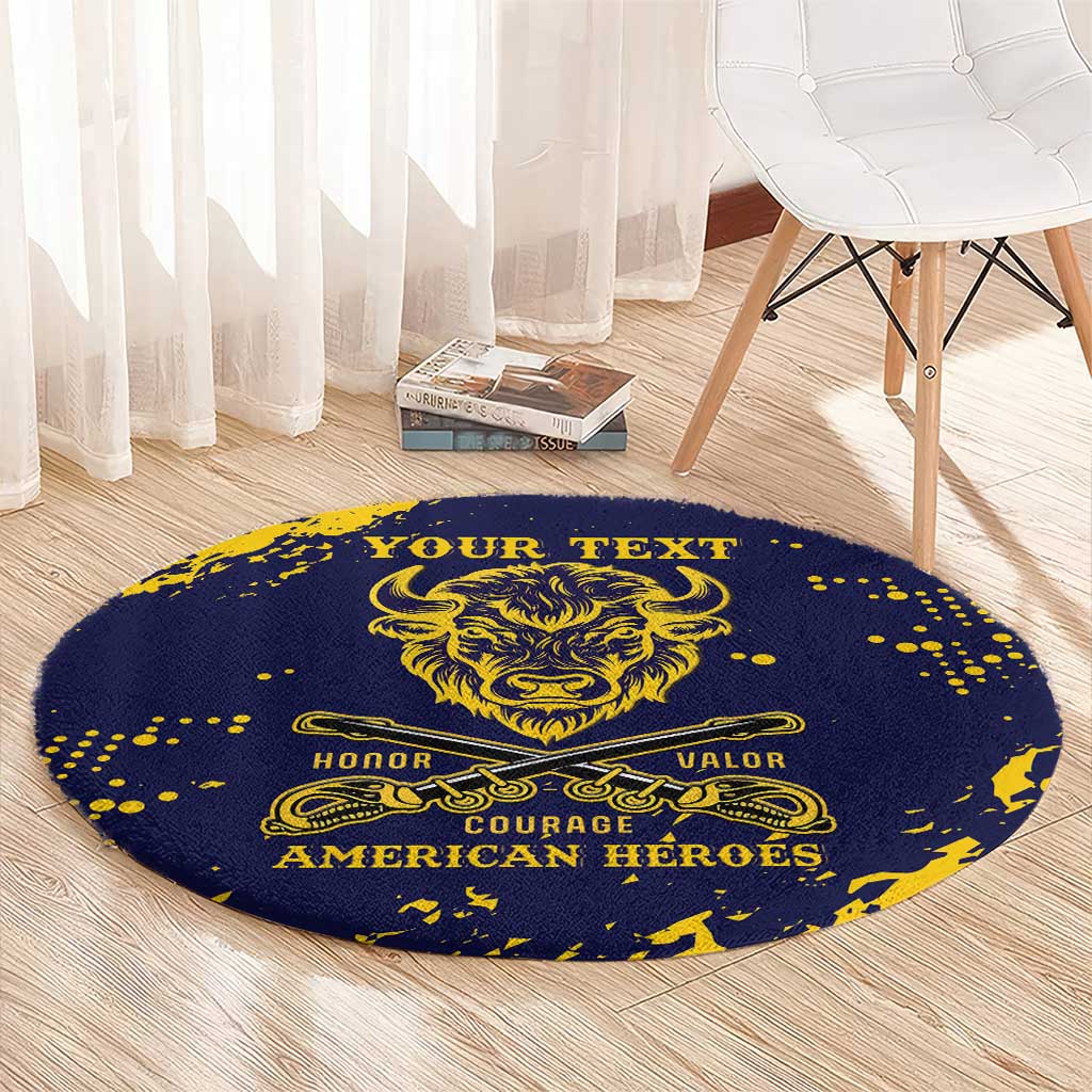 Personalized Bison Buffalo Soldiers Round Carpet American Heroes - Blue Grunge Style - Wonder Print Shop
