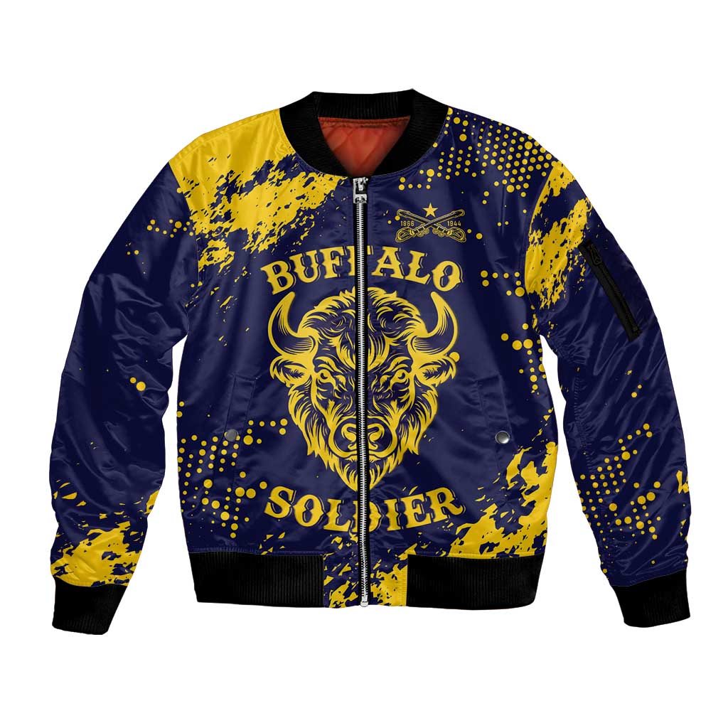 Personalized Bison Buffalo Soldiers Sleeve Zip Bomber Jacket American Heroes - Blue Grunge Style - Wonder Print Shop