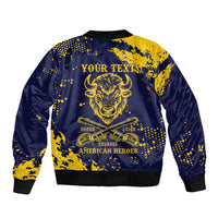 Personalized Bison Buffalo Soldiers Sleeve Zip Bomber Jacket American Heroes - Blue Grunge Style - Wonder Print Shop