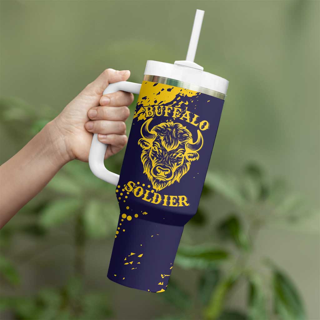 Personalized Bison Buffalo Soldiers Tumbler With Handle American Heroes - Blue Grunge Style - Wonder Print Shop