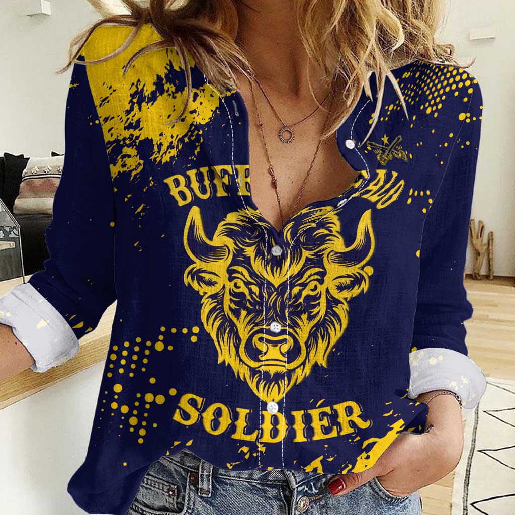 Personalized Bison Buffalo Soldiers Women Casual Shirt American Heroes - Blue Grunge Style - Wonder Print Shop