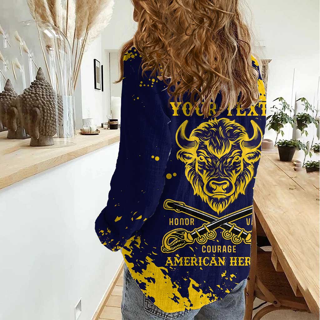 Personalized Bison Buffalo Soldiers Women Casual Shirt American Heroes - Blue Grunge Style - Wonder Print Shop
