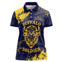 Personalized Bison Buffalo Soldiers Women Polo Shirt American Heroes - Blue Grunge Style - Wonder Print Shop
