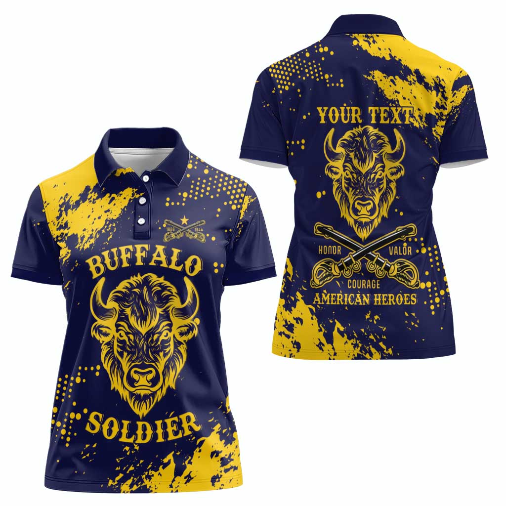 Personalized Bison Buffalo Soldiers Women Polo Shirt American Heroes - Blue Grunge Style - Wonder Print Shop