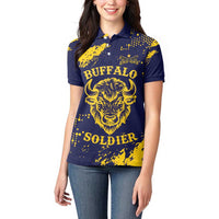 Personalized Bison Buffalo Soldiers Women Polo Shirt American Heroes - Blue Grunge Style - Wonder Print Shop