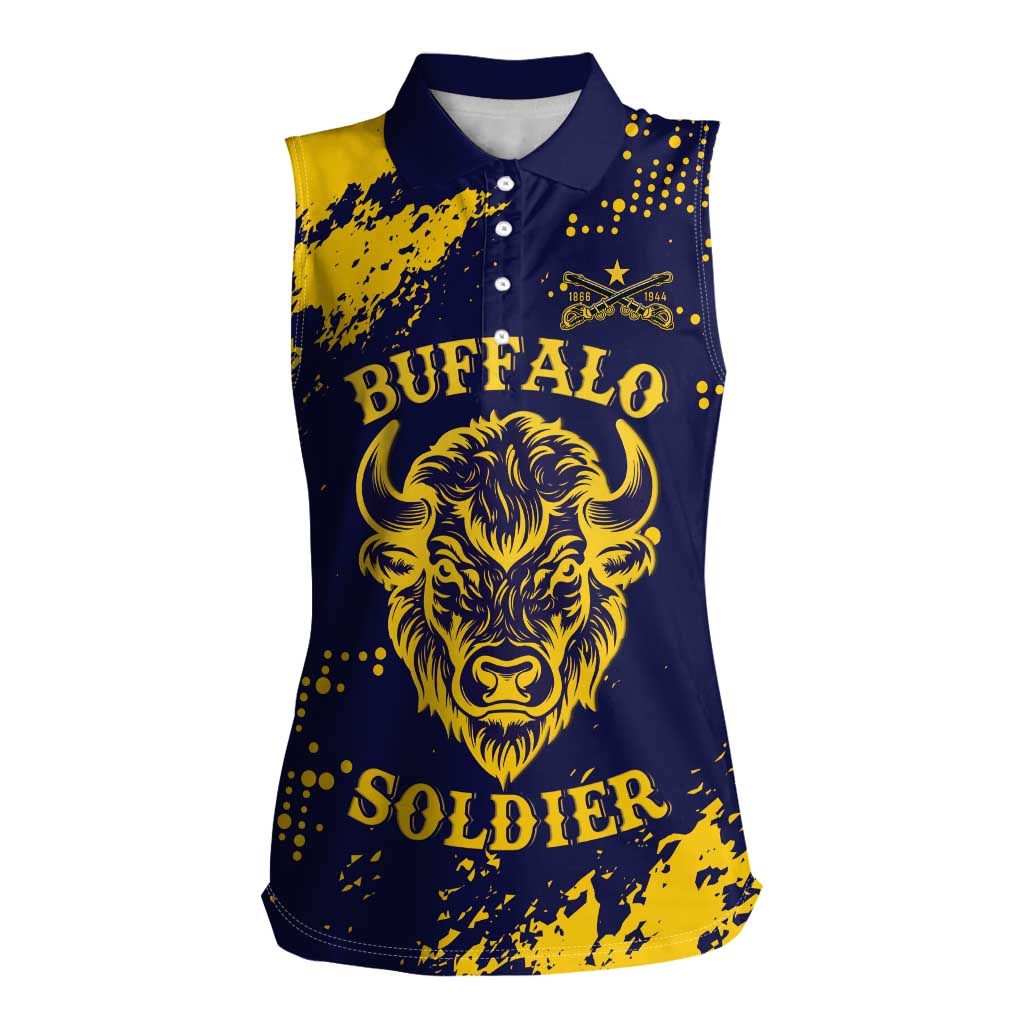 Personalized Bison Buffalo Soldiers Women Sleeveless Polo Shirt American Heroes - Blue Grunge Style - Wonder Print Shop