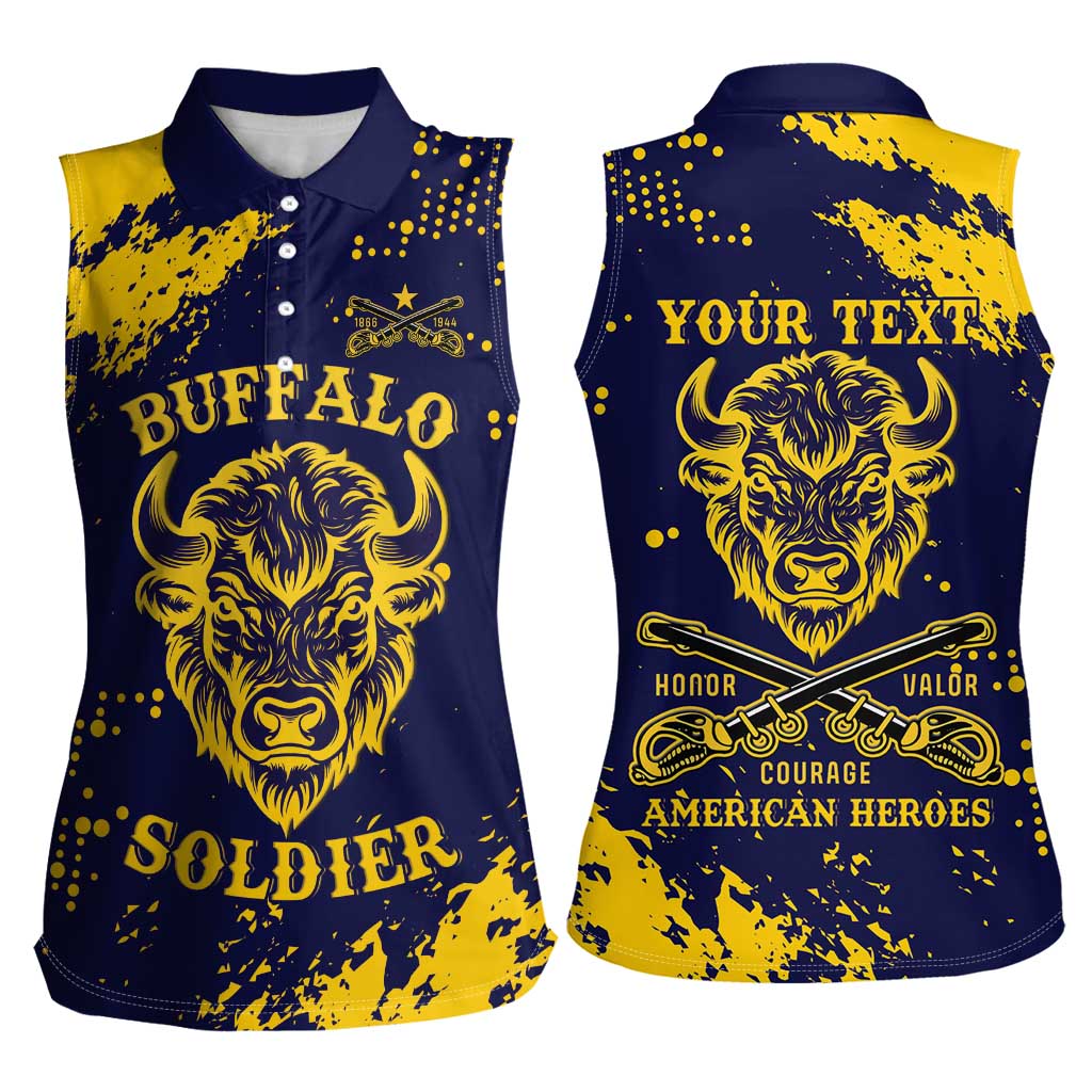 Personalized Bison Buffalo Soldiers Women Sleeveless Polo Shirt American Heroes - Blue Grunge Style - Wonder Print Shop