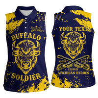 Personalized Bison Buffalo Soldiers Women Sleeveless Polo Shirt American Heroes - Blue Grunge Style - Wonder Print Shop