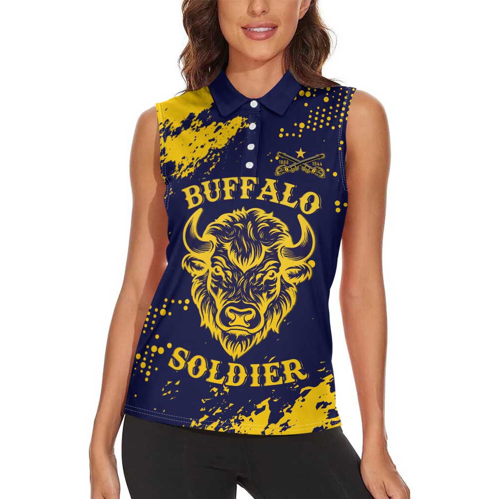 Personalized Bison Buffalo Soldiers Women Sleeveless Polo Shirt American Heroes - Blue Grunge Style - Wonder Print Shop