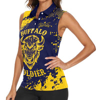 Personalized Bison Buffalo Soldiers Women Sleeveless Polo Shirt American Heroes - Blue Grunge Style - Wonder Print Shop