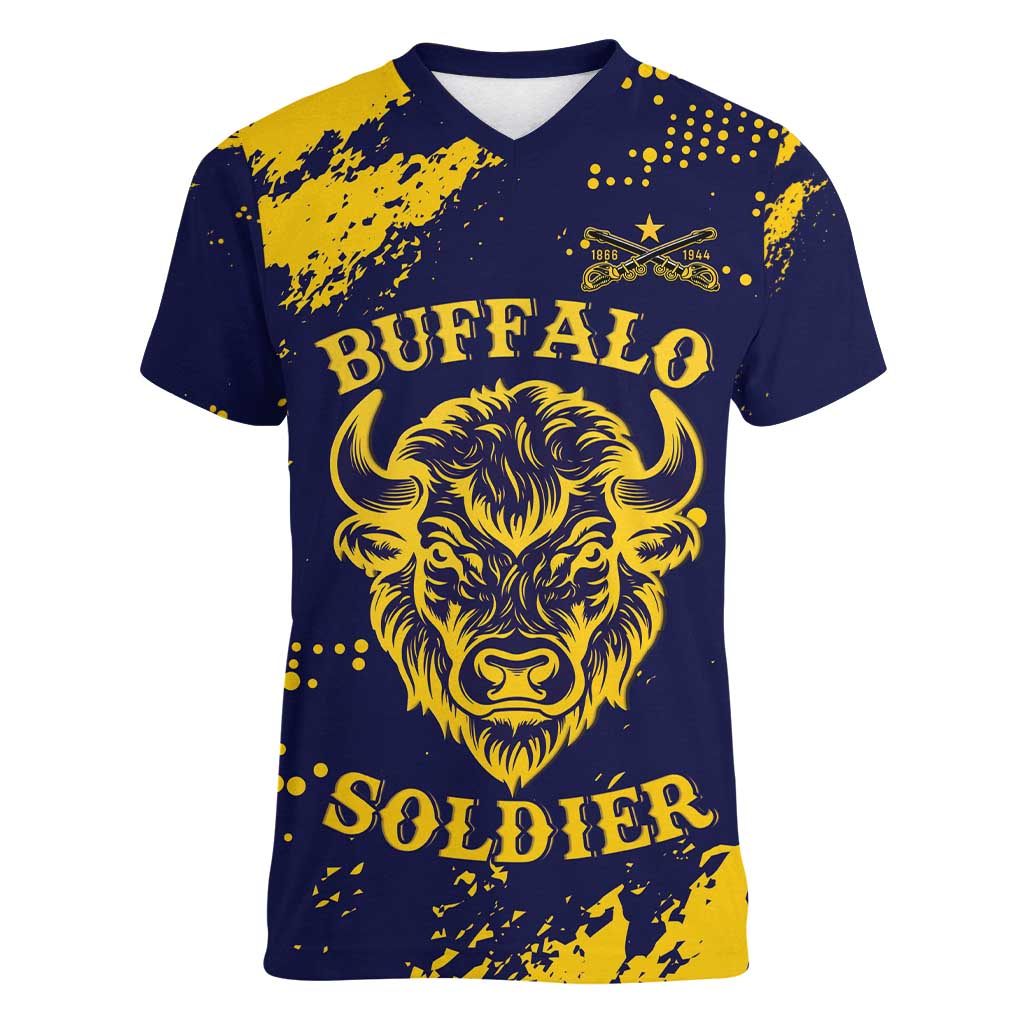 Personalized Bison Buffalo Soldiers Women V-Neck T-Shirt American Heroes - Blue Grunge Style - Wonder Print Shop