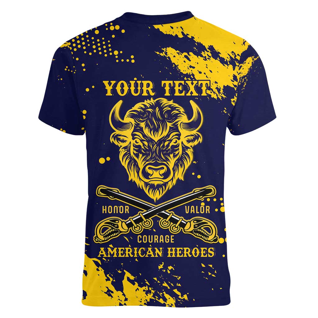 Personalized Bison Buffalo Soldiers Women V-Neck T-Shirt American Heroes - Blue Grunge Style - Wonder Print Shop