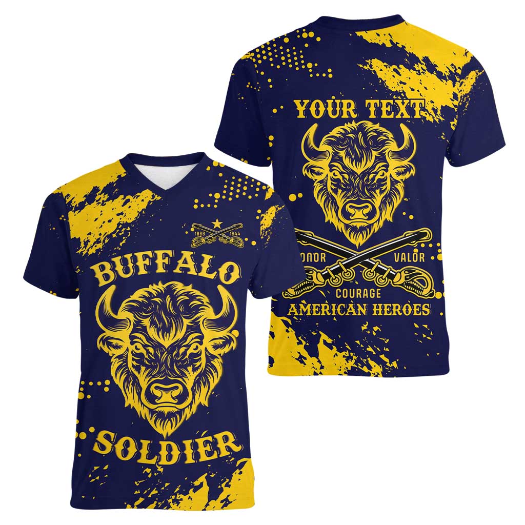 Personalized Bison Buffalo Soldiers Women V-Neck T-Shirt American Heroes - Blue Grunge Style - Wonder Print Shop
