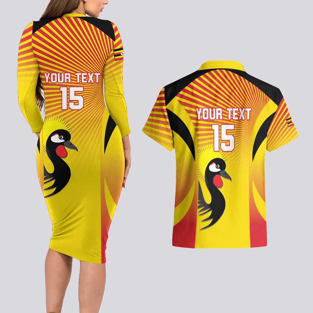 Custom Uganda Cricket Couples Matching Long Sleeve Bodycon Dress and Hawaiian Shirt Go Cricket Cranes Go - Wonder Print Shop