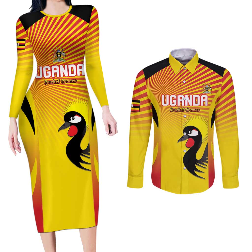 Custom Uganda Cricket Couples Matching Long Sleeve Bodycon Dress and Long Sleeve Button Shirt Go Cricket Cranes Go - Wonder Print Shop