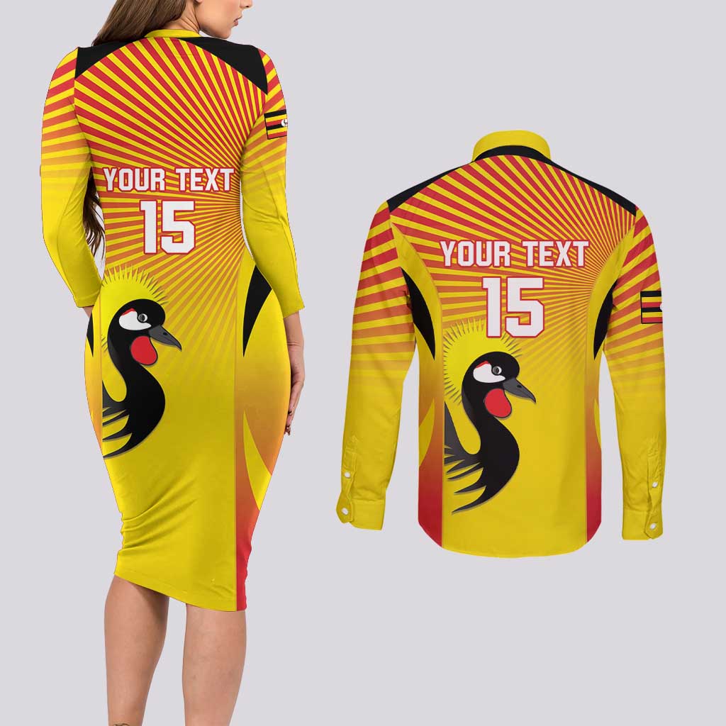 Custom Uganda Cricket Couples Matching Long Sleeve Bodycon Dress and Long Sleeve Button Shirt Go Cricket Cranes Go - Wonder Print Shop
