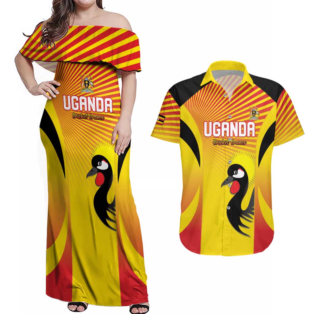 Custom Uganda Cricket Couples Matching Off Shoulder Maxi Dress and Hawaiian Shirt Go Cricket Cranes Go - Wonder Print Shop