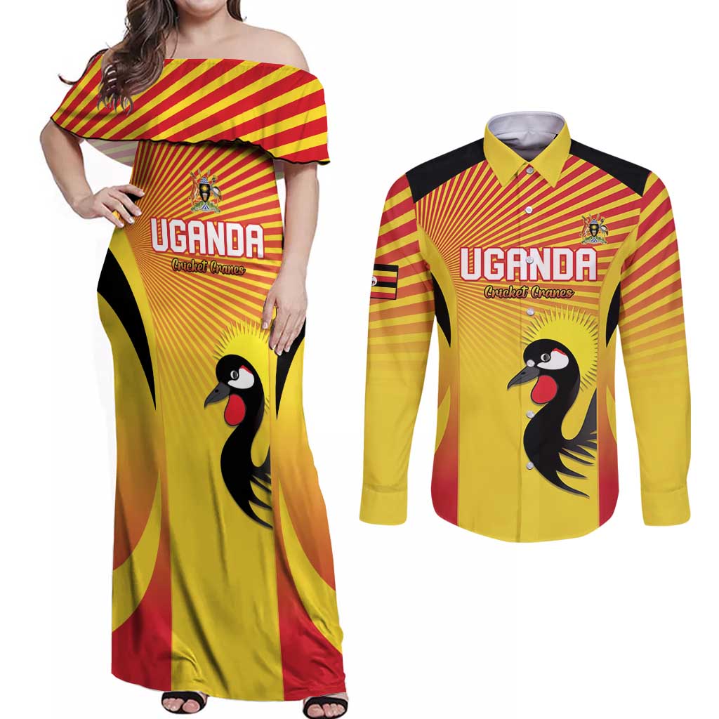 Custom Uganda Cricket Couples Matching Off Shoulder Maxi Dress and Long Sleeve Button Shirt Go Cricket Cranes Go - Wonder Print Shop