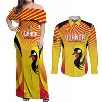 Custom Uganda Cricket Couples Matching Off Shoulder Maxi Dress and Long Sleeve Button Shirt Go Cricket Cranes Go - Wonder Print Shop