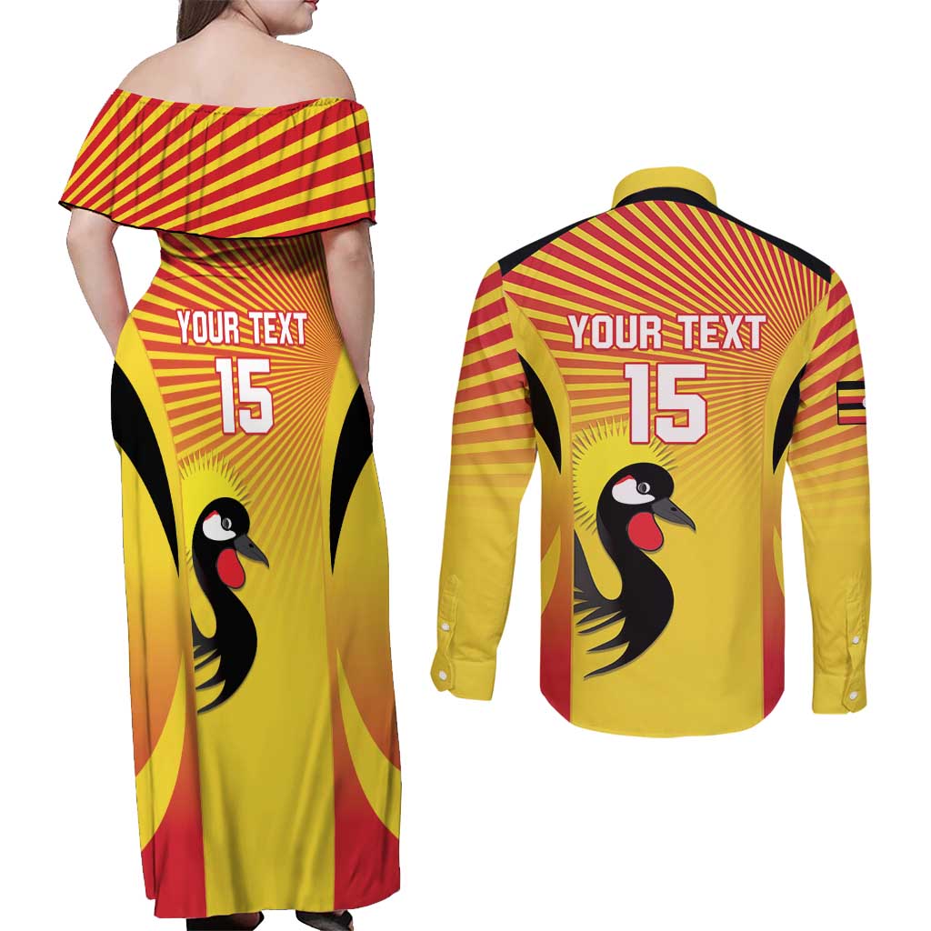 Custom Uganda Cricket Couples Matching Off Shoulder Maxi Dress and Long Sleeve Button Shirt Go Cricket Cranes Go - Wonder Print Shop