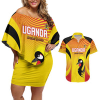 Custom Uganda Cricket Couples Matching Off Shoulder Short Dress and Hawaiian Shirt Go Cricket Cranes Go - Wonder Print Shop