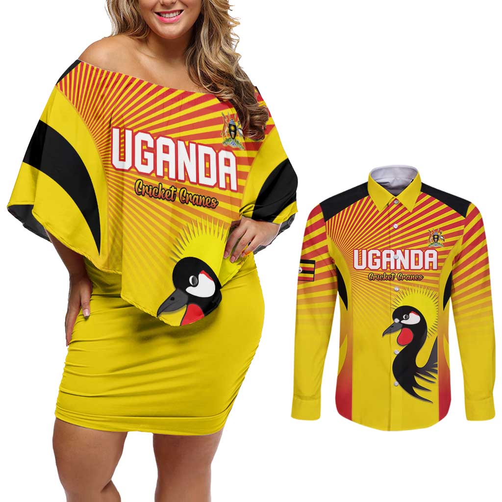 Custom Uganda Cricket Couples Matching Off Shoulder Short Dress and Long Sleeve Button Shirt Go Cricket Cranes Go - Wonder Print Shop