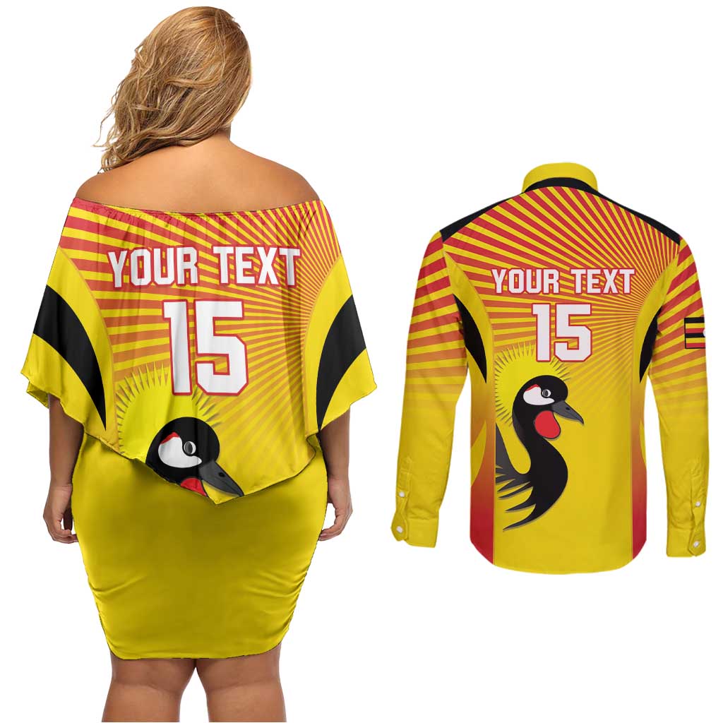 Custom Uganda Cricket Couples Matching Off Shoulder Short Dress and Long Sleeve Button Shirt Go Cricket Cranes Go - Wonder Print Shop