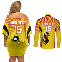 Custom Uganda Cricket Couples Matching Off Shoulder Short Dress and Long Sleeve Button Shirt Go Cricket Cranes Go - Wonder Print Shop