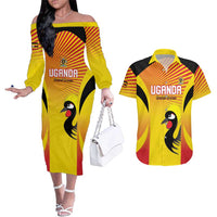 Custom Uganda Cricket Couples Matching Off The Shoulder Long Sleeve Dress and Hawaiian Shirt Go Cricket Cranes Go - Wonder Print Shop