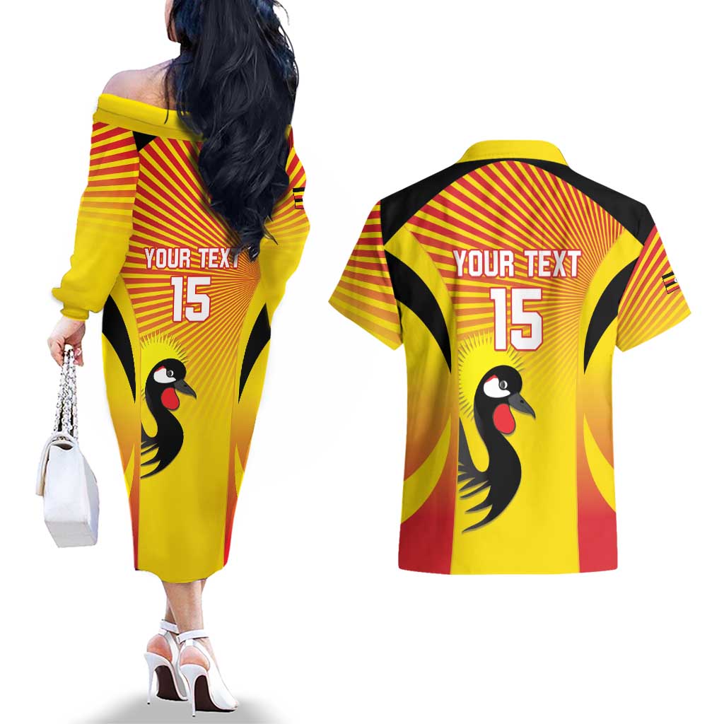 Custom Uganda Cricket Couples Matching Off The Shoulder Long Sleeve Dress and Hawaiian Shirt Go Cricket Cranes Go - Wonder Print Shop