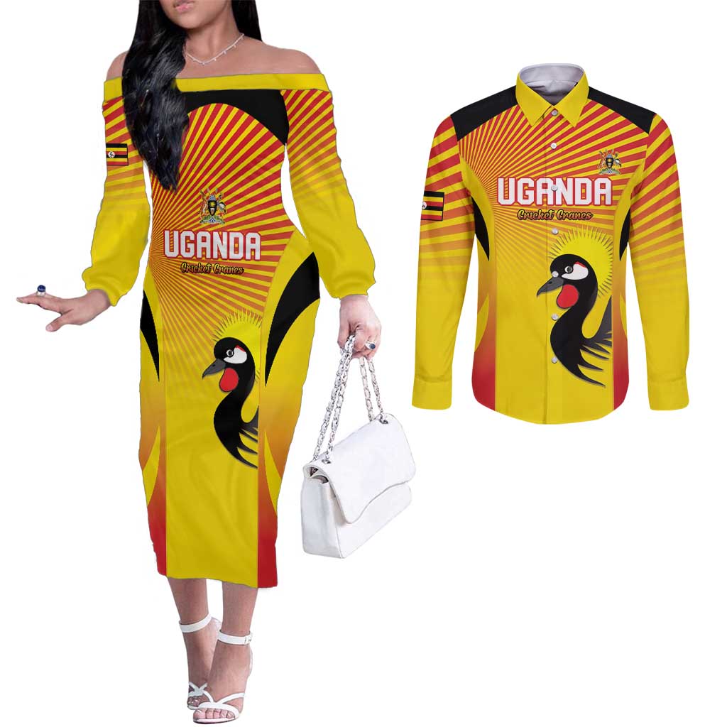 Custom Uganda Cricket Couples Matching Off The Shoulder Long Sleeve Dress and Long Sleeve Button Shirt Go Cricket Cranes Go - Wonder Print Shop