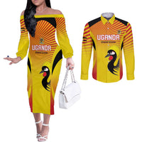 Custom Uganda Cricket Couples Matching Off The Shoulder Long Sleeve Dress and Long Sleeve Button Shirt Go Cricket Cranes Go - Wonder Print Shop
