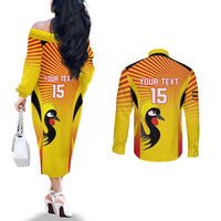 Custom Uganda Cricket Couples Matching Off The Shoulder Long Sleeve Dress and Long Sleeve Button Shirt Go Cricket Cranes Go - Wonder Print Shop