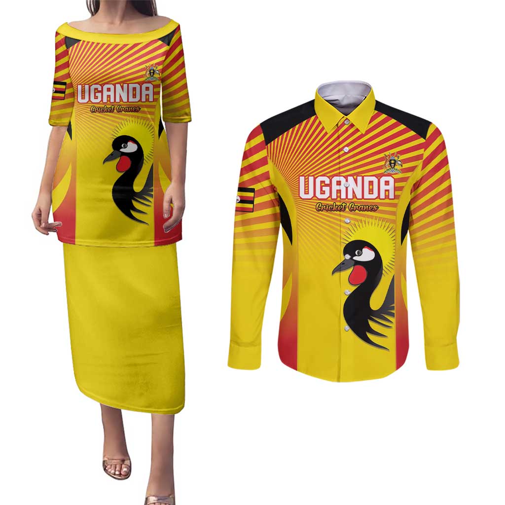 Custom Uganda Cricket Couples Matching Puletasi and Long Sleeve Button Shirt Go Cricket Cranes Go - Wonder Print Shop