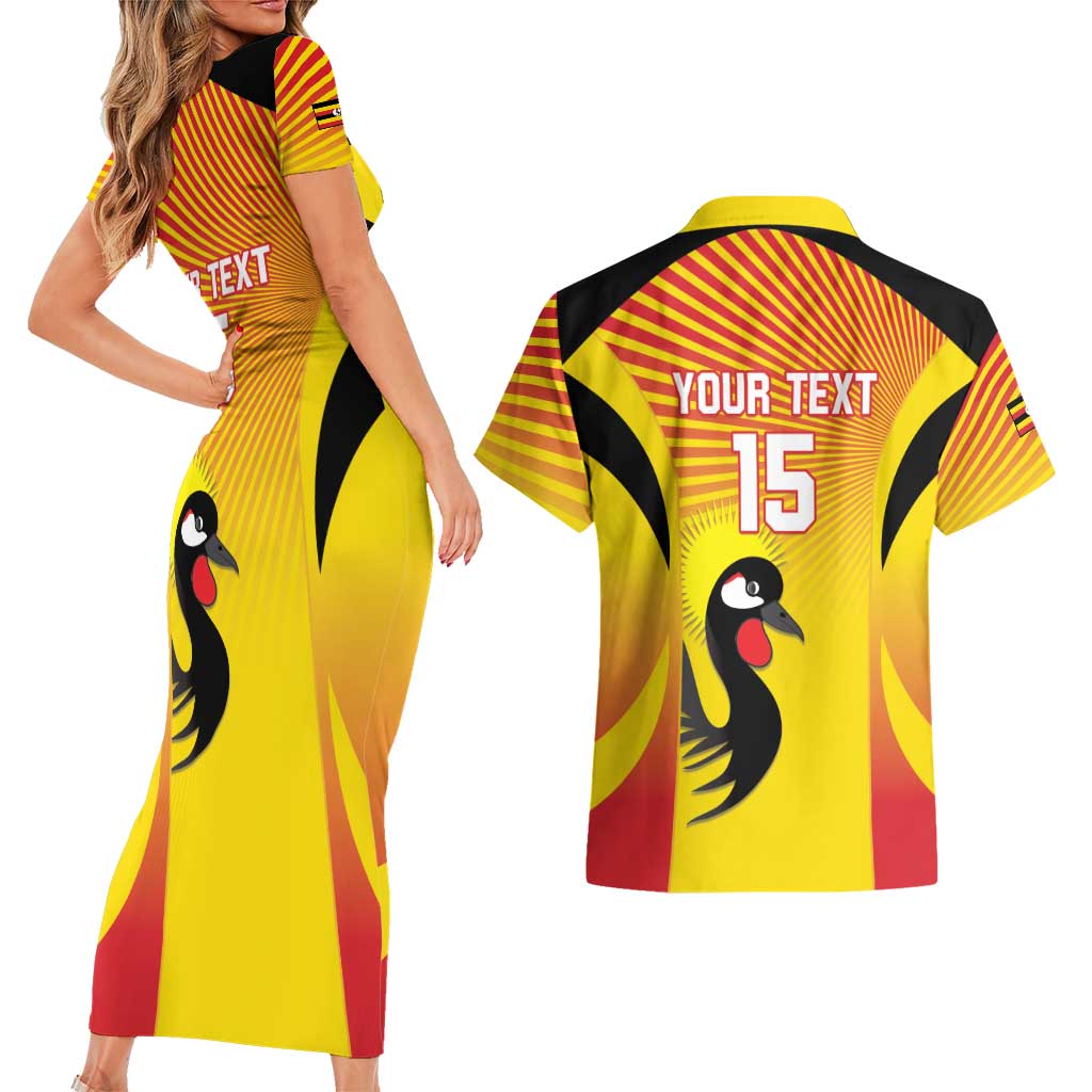 Custom Uganda Cricket Couples Matching Short Sleeve Bodycon Dress and Hawaiian Shirt Go Cricket Cranes Go - Wonder Print Shop