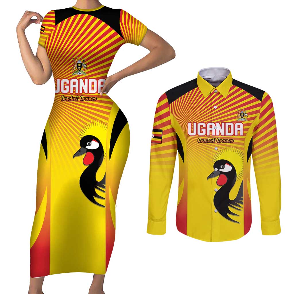 Custom Uganda Cricket Couples Matching Short Sleeve Bodycon Dress and Long Sleeve Button Shirt Go Cricket Cranes Go - Wonder Print Shop