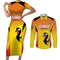 Custom Uganda Cricket Couples Matching Short Sleeve Bodycon Dress and Long Sleeve Button Shirt Go Cricket Cranes Go - Wonder Print Shop