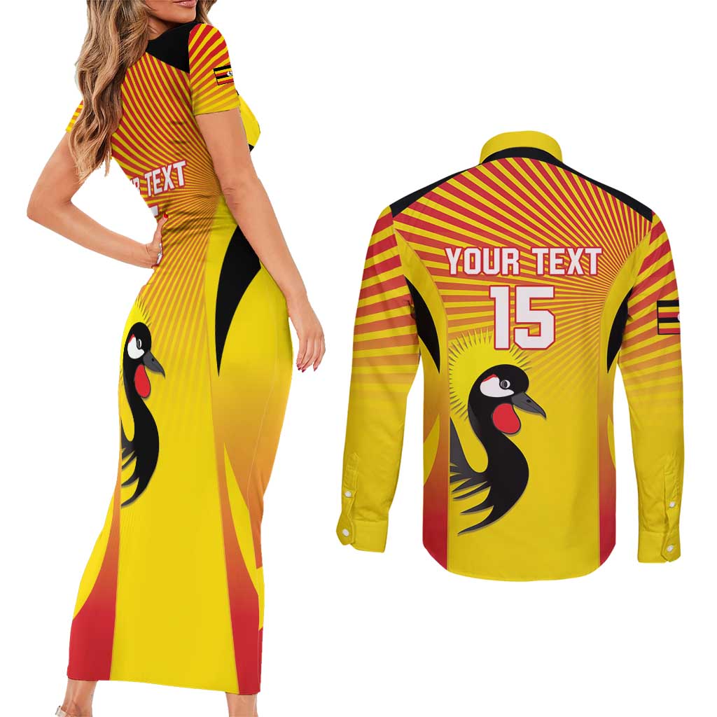 Custom Uganda Cricket Couples Matching Short Sleeve Bodycon Dress and Long Sleeve Button Shirt Go Cricket Cranes Go - Wonder Print Shop