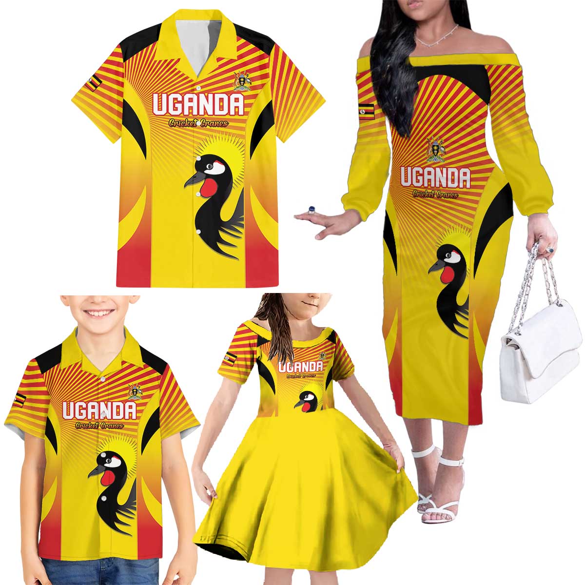 Custom Uganda Cricket Family Matching Off The Shoulder Long Sleeve Dress and Hawaiian Shirt Go Cricket Cranes Go - Wonder Print Shop
