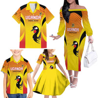 Custom Uganda Cricket Family Matching Off The Shoulder Long Sleeve Dress and Hawaiian Shirt Go Cricket Cranes Go - Wonder Print Shop