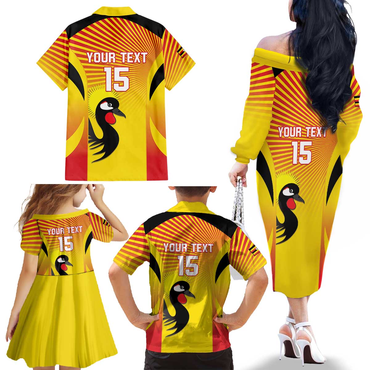 Custom Uganda Cricket Family Matching Off The Shoulder Long Sleeve Dress and Hawaiian Shirt Go Cricket Cranes Go - Wonder Print Shop