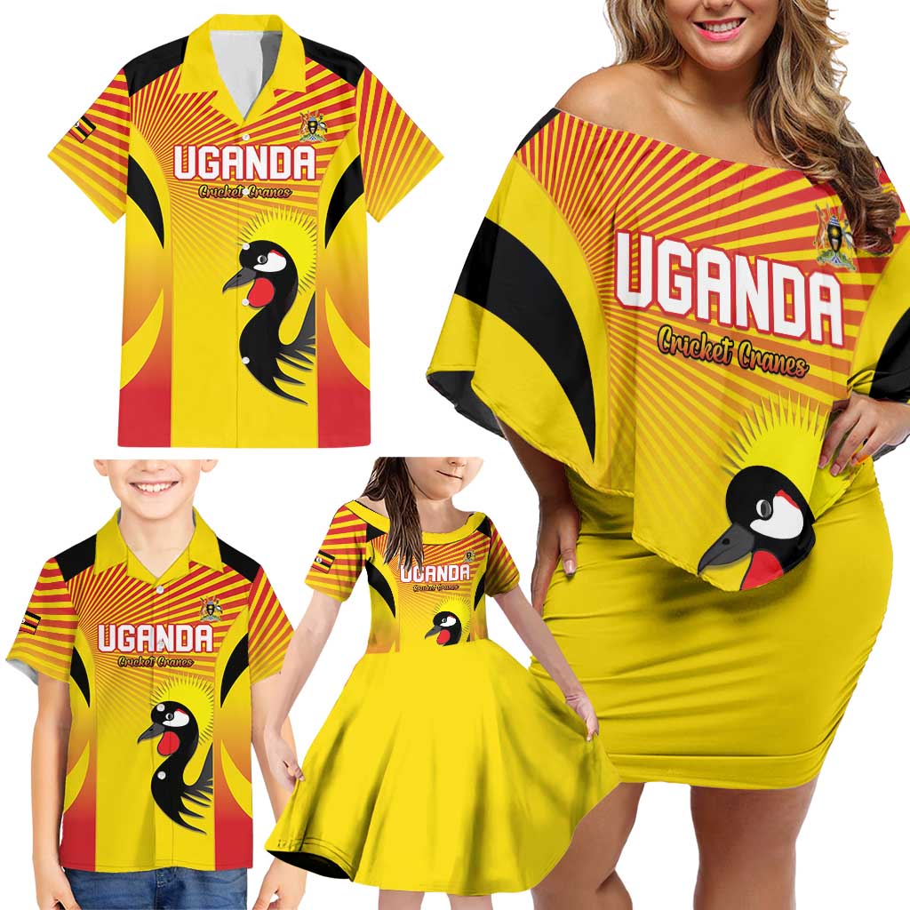 Custom Uganda Cricket Family Matching Off Shoulder Short Dress and Hawaiian Shirt Go Cricket Cranes Go - Wonder Print Shop
