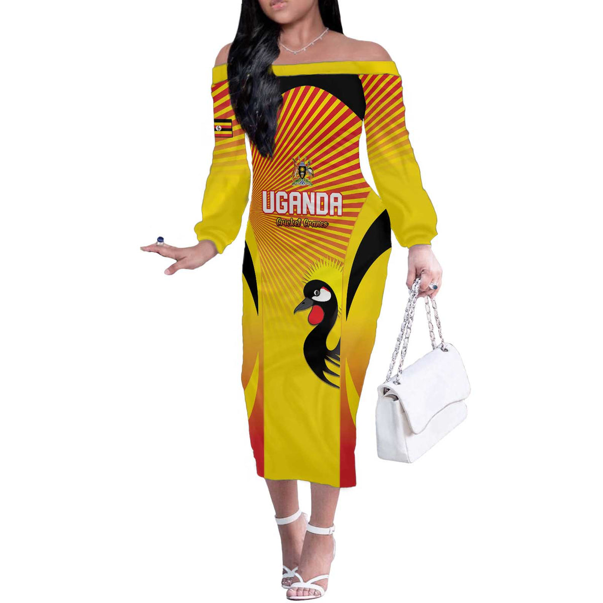 Custom Uganda Cricket Off The Shoulder Long Sleeve Dress Go Cricket Cranes Go - Wonder Print Shop